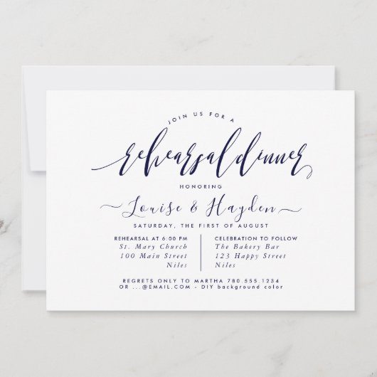 Faire-part Dîner de répétition élégant, Script bleu marine (Devant)