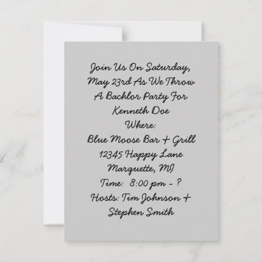 Faire-part d'invitation à une soirée de célibatair (Dos)