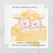 Faire-part d'invitation de Baby shower Jaune TWINS (Devant / Derrière)