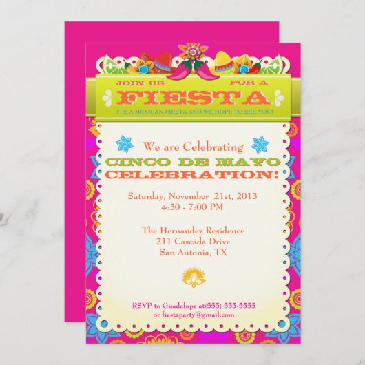 Faire-part d'invitation de partie de Cinco De Mayo (Devant / Derrière)