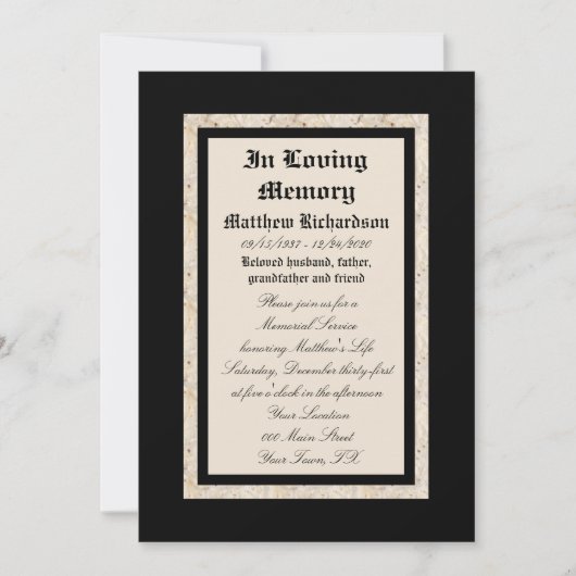 Faire-part d'invitation du service commémoratif (Devant)