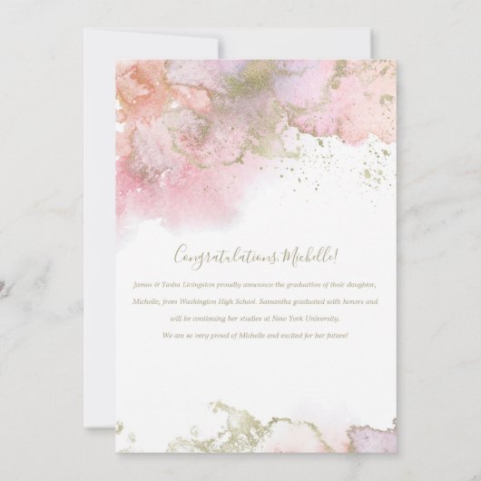 Faire-part Diplôme d'art Abstrait rose et or chic (Dos)