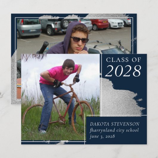 Faire-part Diplôme d'art | Photo Marine Blue Silver Splash 2 (Devant / Derrière)