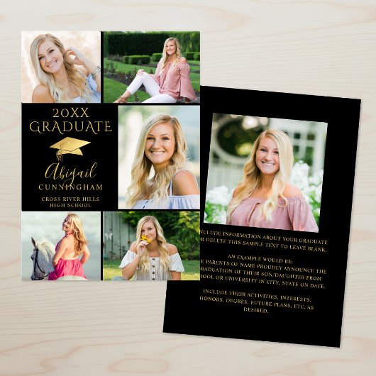 Faire-part Diplômé de Collage Photo 6 Or Noir Élégant