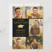 Faire-part Diplômé de Collage Photo Noir Élégant Or (Devant)