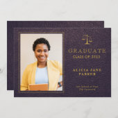 Faire-part Diplôme de l'école de droit en or violet 2023 phot (Devant / Derrière)