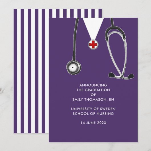 Faire-part Diplôme d'École d'Infirmières Violet (Devant / Derrière)