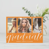 Faire-part Diplôme d'Orange de fille Script 3-Photo Graduatio (Debout devant)