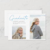 Faire-part Diplômé élégant bleu lisse Script 2-Photo (Devant / Derrière)