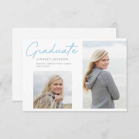 Faire-part Diplômé élégant bleu lisse Script 2-Photo (Devant / Derrière)