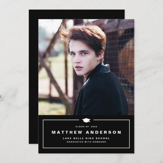 Faire-part Diplôme en noir classique - Casquette photo (Devant / Derrière)