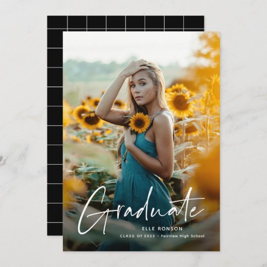 Faire-part Diplômé en Script moderne Diplôme en photo simple (Devant / Derrière)