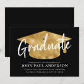 Faire-part Diplômé Métallic Gold Casquette Noir Graduation (Devant / Derrière)