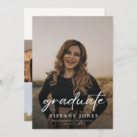 Faire-part Diplômé moderne blanc Script 4 Photos Graduation (Devant / Derrière)