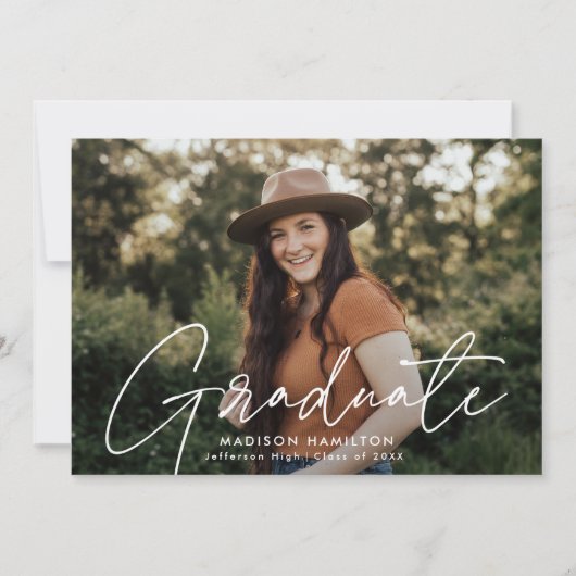 Faire-part Diplômé moderne blanc Script photo Graduation (Devant)