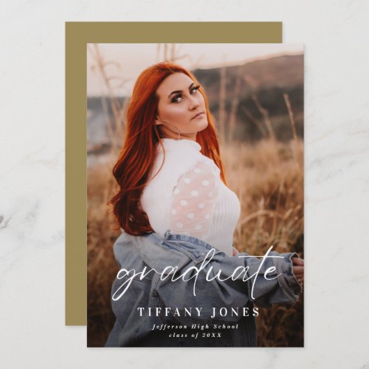 Faire-part Diplômé moderne blanc Script photo Graduation (Devant / Derrière)