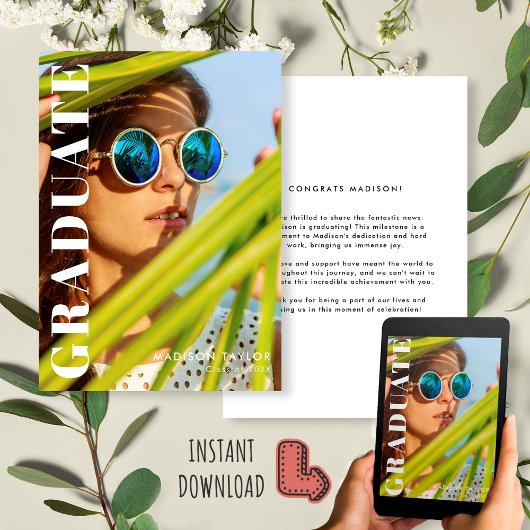 Faire-part Diplômé moderne de retour et blanc photo