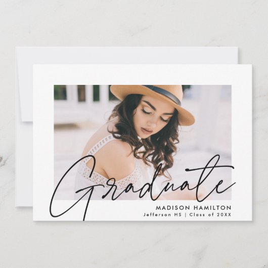 Faire-part Diplômé moderne noir Script photo graduation (Devant)