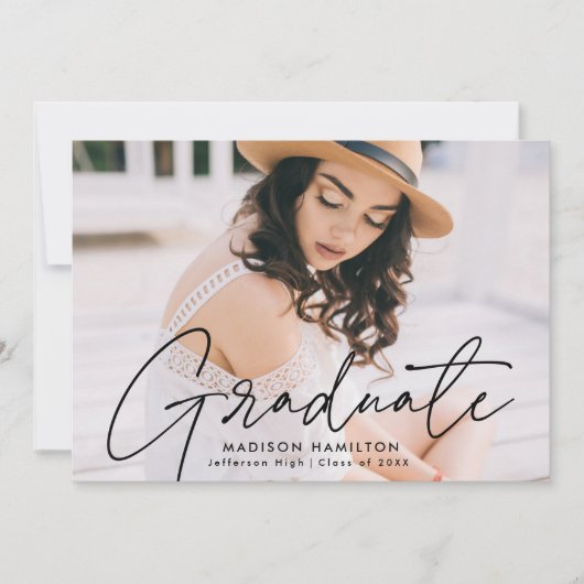 Faire-part Diplômé moderne noir Script photo graduation (Devant)