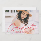 Faire-part Diplômé moderne Red Script Photo Graduate (Devant)