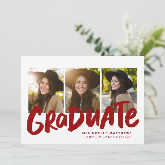 Faire-part Diplômé moderne rouge blanc 3 diplôme photo (Debout devant)