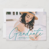 Faire-part Diplômé Moderne Turquoise Script Photo Graduation (Devant)