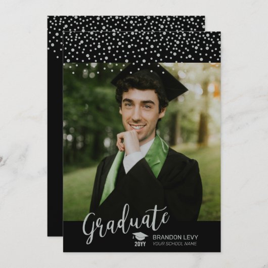 Faire-part Diplôme photo Silver & Black Confetti (Devant / Derrière)