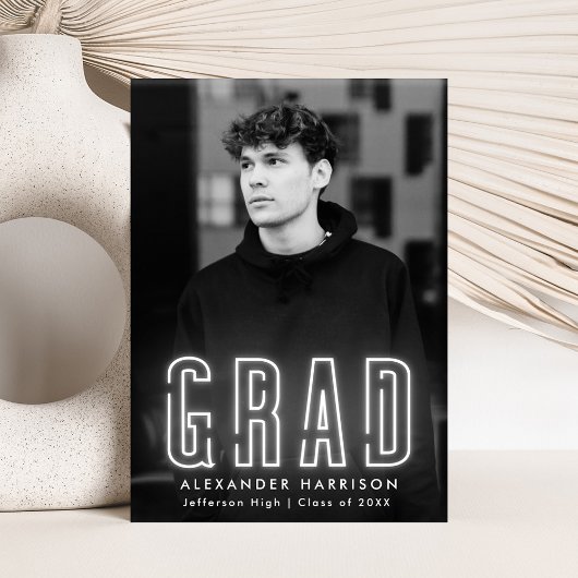 Faire-part Diplôme photo verticale moderne en néon blanc