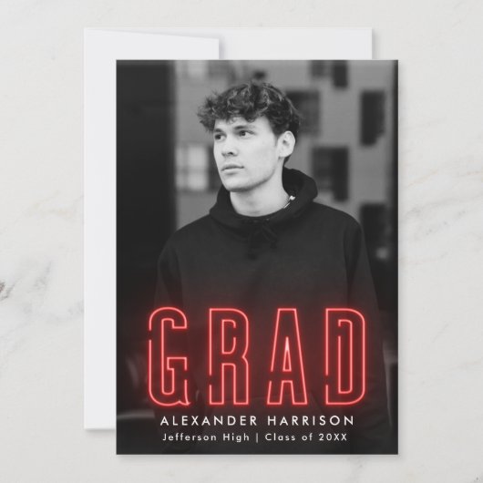 Faire-part Diplôme photo verticale moderne en néon rouge (Devant)