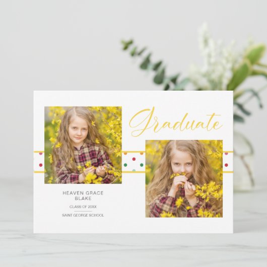 Faire-part Diplôme Pois Jaunes Diplômé 2 Photos (Debout devant)