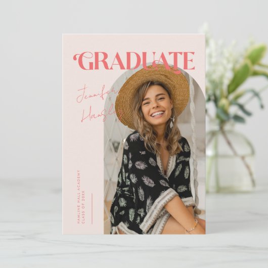 Faire-part Diplômé Rétro Arche rose (Debout devant)