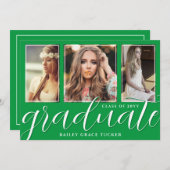 Faire-part Diplômé Script 3-Photo vert brillant Graduation (Devant / Derrière)