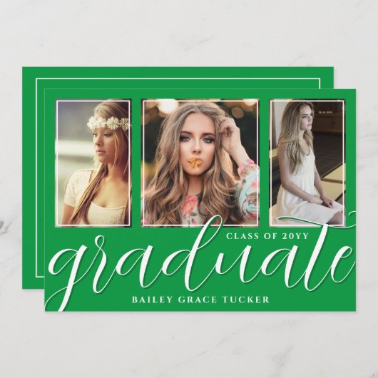 Faire-part Diplômé Script 3-Photo vert brillant Graduation (Devant / Derrière)