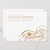 Faire-part Diplômé Script Diplôme Casquette Blanc Or (Devant / Derrière)