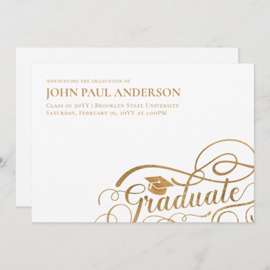 Faire-part Diplômé Script Diplôme Casquette Blanc Or (Devant / Derrière)