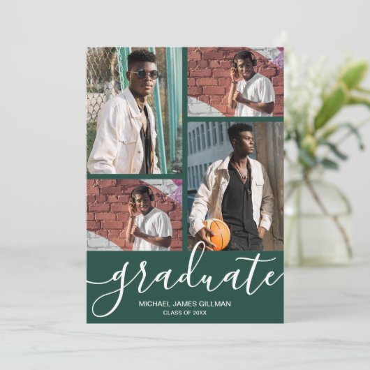 Faire-part Diplôme vert foncé multiphoto (Debout devant)