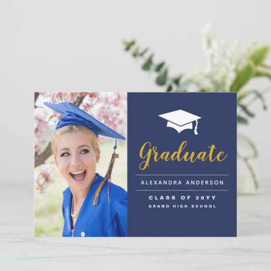 faire-part d'obtention de diplôme en or bleu marin (Debout devant)