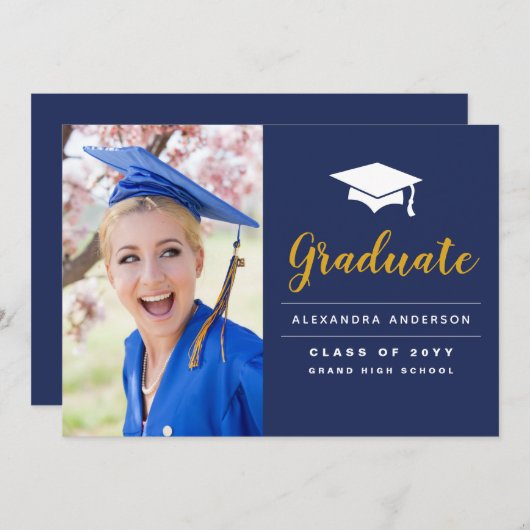 faire-part d'obtention de diplôme en or bleu marin (Devant / Derrière)