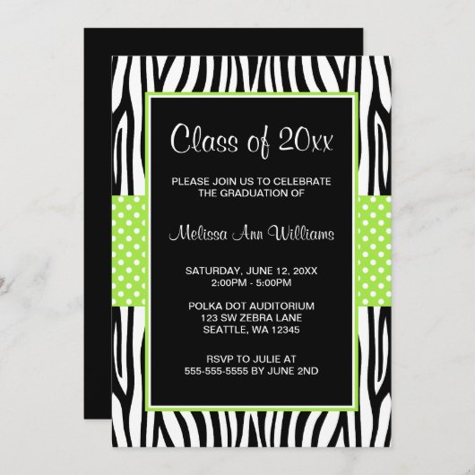 Faire-part d'obtention du diplôme Zebra Lime Green (Devant / Derrière)