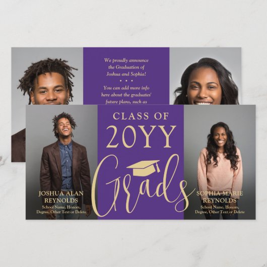 Faire-part Double Diplômé 2 Diplômés Photo Commune Violette O (Devant / Derrière)