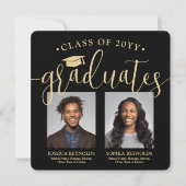 Faire-part Double Graduation 2 Grads & 4 Photos Black & Gold (Devant)