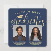 Faire-part Double Graduation 2 Grads & 4 Photos Marine & Gold (Devant)