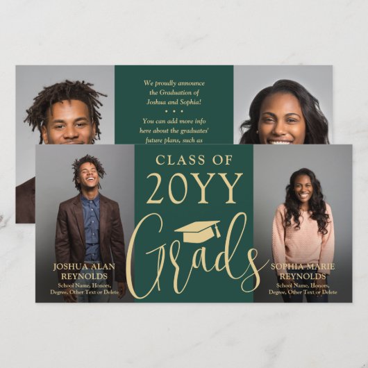 Faire-part Double Graduation 2 Grads Green & Gold Joint Photo (Devant / Derrière)