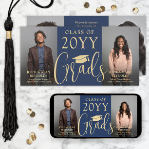 Faire-part Double Graduation 2 Grads Marine & Gold Joint Phot