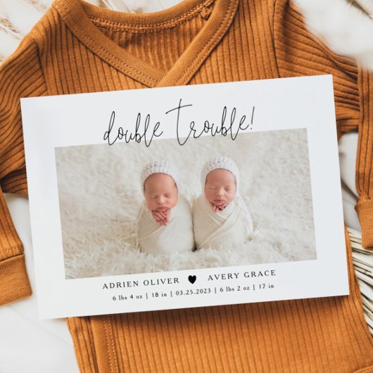 Faire-part Double Trouble Twins Photo Naissance