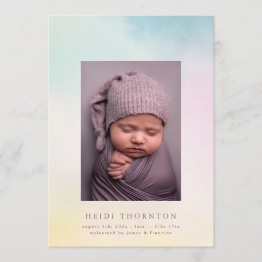 Faire-part douce aquarelle frontière photo arc-en-ciel naissa (Devant)