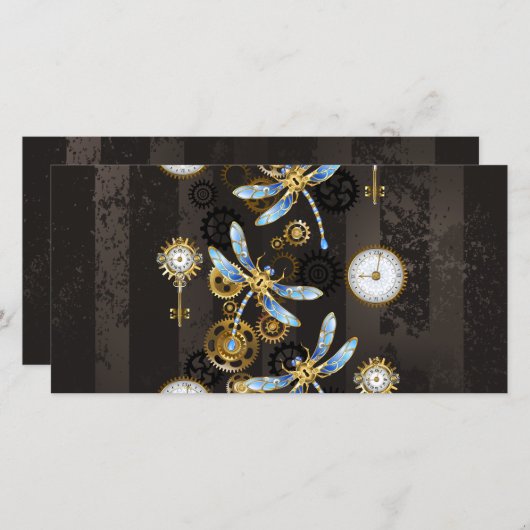 Faire-part Dragonflies de Steampunk sur arrière - plan rayé b (Devant / Derrière)