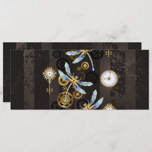 Faire-part Dragonflies de Steampunk sur arrière - plan rayé b (Devant / Derrière)
