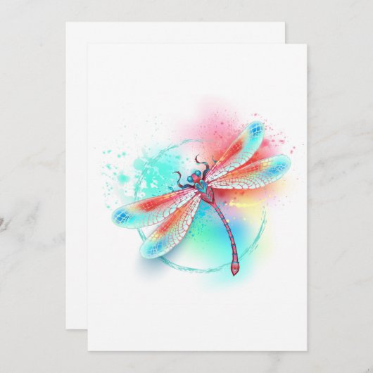 Faire-part Dragonfly rouge sur l'arrière - plan aquarelle (Devant / Derrière)