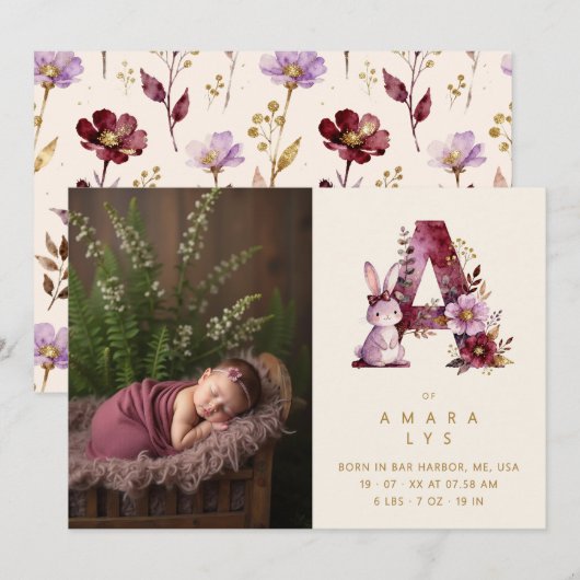 Faire-part Dreamy Bunny A Initial Gold Glitter Newborn (Devant / Derrière)